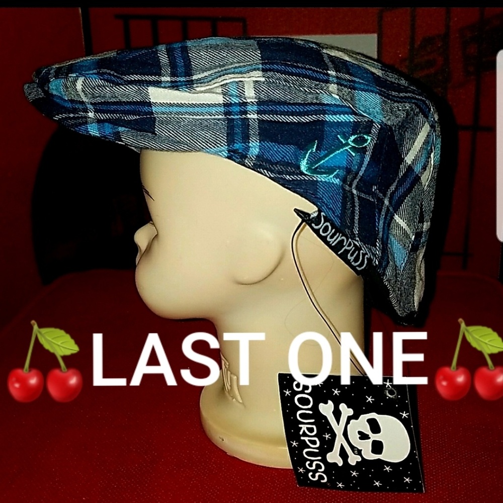 Sourpuss Flat Cap Infant Golf Hat Blue Plaid with Embroidered Anchor Infant Baby